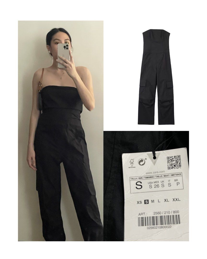 Zara Black Strapless Cargo Jumpsuit Size S (Category: Jumpsuits) located in Manila. Submitted by plsdeclutterwithme (Listing ID 1467219999, Image 1). Description: - Brand: Zara - Style: Strapless cargo jumpsuit with leg pockets, fitted bodice, and straight leg cut - Size: S (based on tag) - Condition: Brand new with original store tag attached (unworn) - Perfect for: Night outs or casual events.