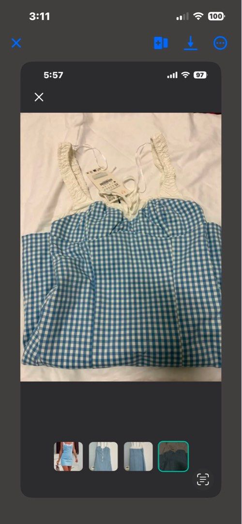 Zara Blue Gingham Dress Size XS (Category: Dresses) located in Pasay City. Submitted by gold1001 (Listing ID 1467182265, Image 1). Description: - Brand: Zara - Style: Blue and white gingham dress with structured fit - Details: Smocked straps, sweetheart neckline, and front tie string - Size: XS .