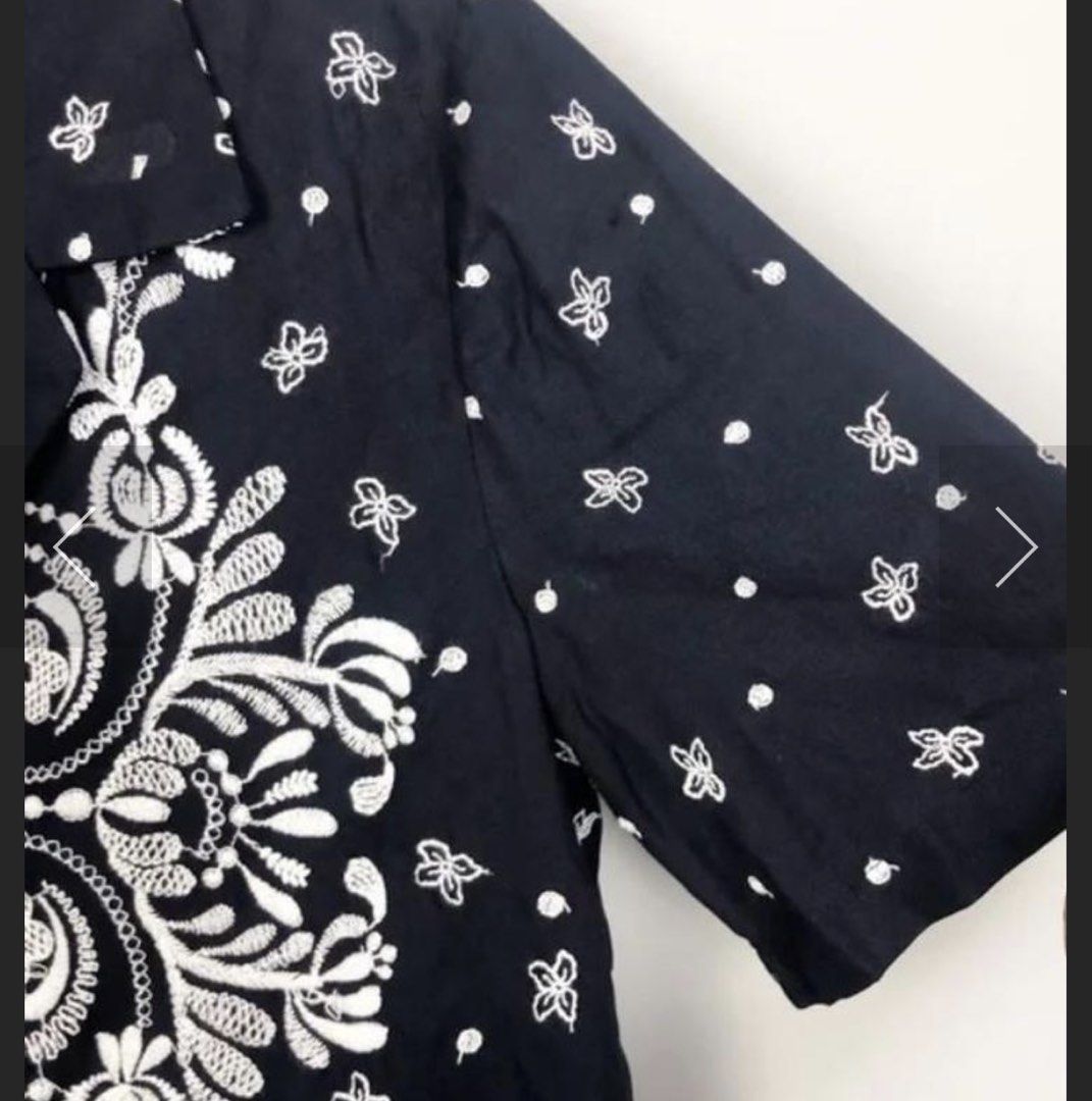 Zara Embroidered Peplum Blouse (Category: Blouses) located in Davao. Submitted by theresetshelf (Listing ID 1467231448, Image 2). Description: Beautiful short-sleeve button-down shirt from Zara Woman. Features gorgeous white floral/paisley contrast embroidery, a flattering V-neck collar, and a cute ruffled peplum hem. Lightweight and perfect for casual wear or dressing up!.