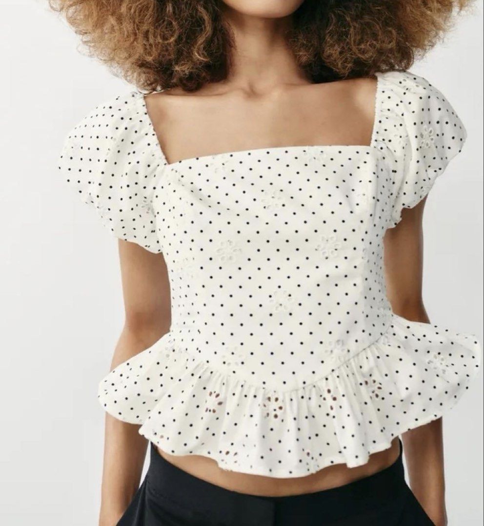 Zara Embroidered Polka Dot Top (Category: Blouses) located in Taguig. Submitted by house_of_petite (Listing ID 1467251442, Image 1). Description: Everything that you loved details in this top -embroidered -puff -polka dot -classy.