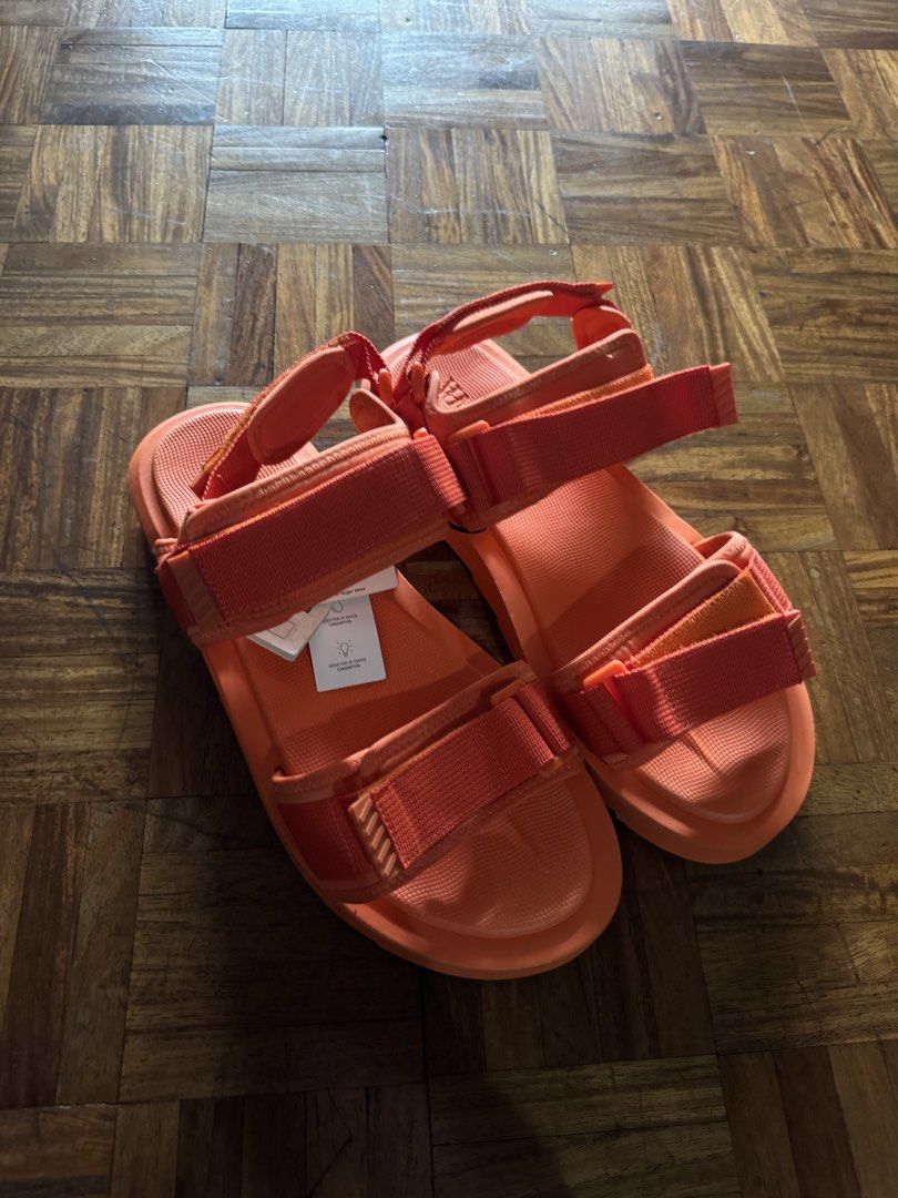 Zara Orange Velcro Sandals Size 45 (Category: Flats & Sandals) located in Manila. Submitted by seangoart (Listing ID 1467174739, Image 3). Description: - Brand: Zara - Style: Bright orange chunky sandals with adjustable velcro straps - Size: EUR 45 / US 12 - Condition: Brand new, never worn, crisp condition with clean treads - Extras: Original retail tag attached ($49.90).