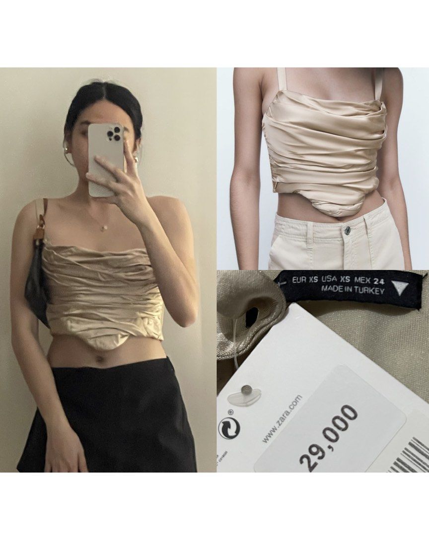 Zara Satin Draped Asymmetric Hem Crop Top (Category: Sleeveless) located in Manila. Submitted by plsdeclutterwithme (Listing ID 1467228555, Image 1). Description: - Brand: Zara - Condition: Brand new with original tags, never worn - Size: EUR XS / USA XS / MEX 24 - Color: Champagne gold - Material: Satin - Details: Draped cowl neckline and unique pointed asymmetric hem - Origin: Made in Turkey.