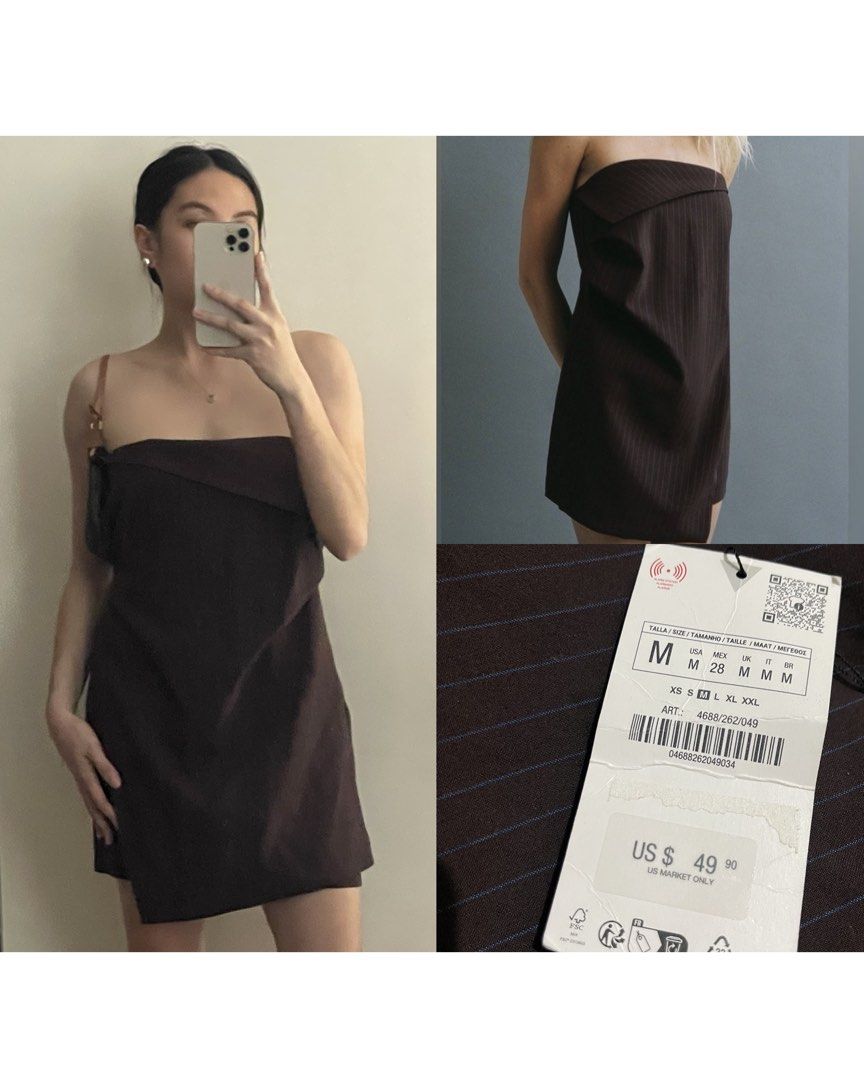 zara Strapless Mini Dress Brown Size M (Category: Dresses) located in Manila. Submitted by plsdeclutterwithme (Listing ID 1467220214, Image 1). Description: - Style: Strapless mini dress with straight neckline and front folded flap overlay - Pattern: Subtle pinstripe detail throughout dark brown fabric - Fit: Straight cut, Size M - Condition: Brand new with tag attached (Retail PHP equivalent of $49.90) - Never worn, perfect for night outs or cas
