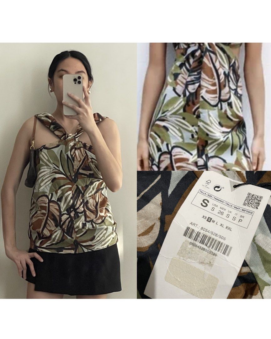 Zara Tropical Leaf Print Halter Neck Top (Category: Sleeveless) located in Manila. Submitted by plsdeclutterwithme (Listing ID 1467228370, Image 1). Description: - Brand: Zara - Size: S (Brand new with original store tags) - Design: Tropical leaf print with halter neck and twisted front strap - Colors: Green, brown, and beige tones - Fabric: Lightweight and breathable, ideal for vacations and casual daytime wear - Hemline: Straight.