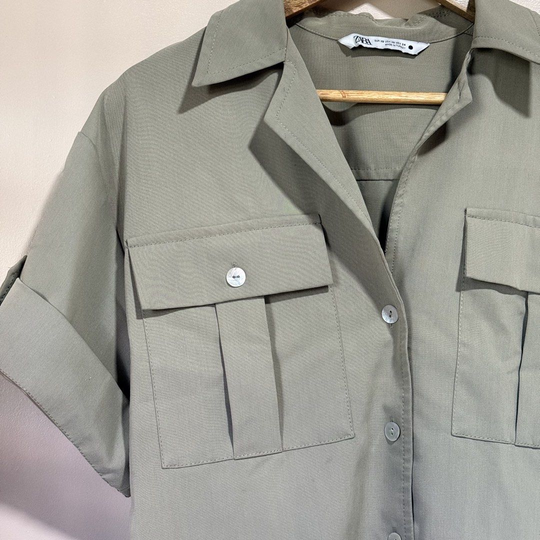 Zara Utility Buttondown Shirt (Category: Blouses) located in Surigao. Submitted by nenafuentes (Listing ID 1467178294, Image 3). Description: Dual front patch pockets and roll up sleeves Size XS on tag but runs oversized Best fits M-L.