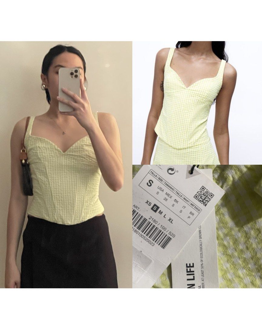 Zara Yellow Gingham Corset Top Size S (Category: Sleeveless) located in Manila. Submitted by plsdeclutterwithme (Listing ID 1467219873, Image 1). Description: - Brand: Zara - Style: Yellow and white gingham corset top with sweetheart neckline and structured bodice - Size: S - Condition: Brand new with tags (BNWT), never worn - Styling: Great for casual outings, pairs easily with dark skirts or denim.