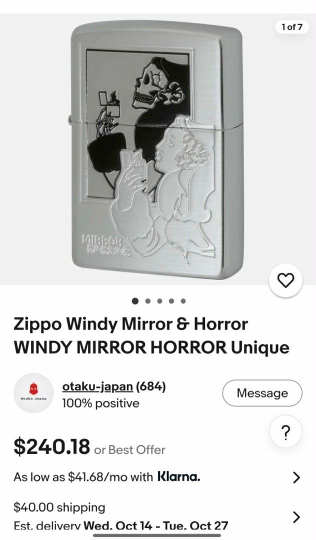 Zippo Windy Mirror & Horror Unique Lighter (Category: Vintage Collectibles) located in Paranaque City. Submitted by Sensation (Listing ID 1467321518, Image 1). Description: used, working no box. Free refill of Zippo fluid if booked via lalamove..