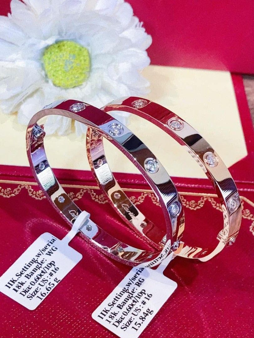 18k HongKong setting gold 10diamond love bangle (Category: Bracelets) located in Manila. Submitted by bhelgoldseller2ndaccount (Listing ID 1467524793, Image 3). Description: New!!✨New!!✨New!! 18k HongKong setting Gold 11,300/g 💯pawnable/naisasanla 💯with high appraisal rate 💯good investment 💯Direct supplier price 👉OPEN for resellers 🌺please take time to evaluate their actual sizes and grams 👉Best panggift for all occasions ✅ Sold per grams 