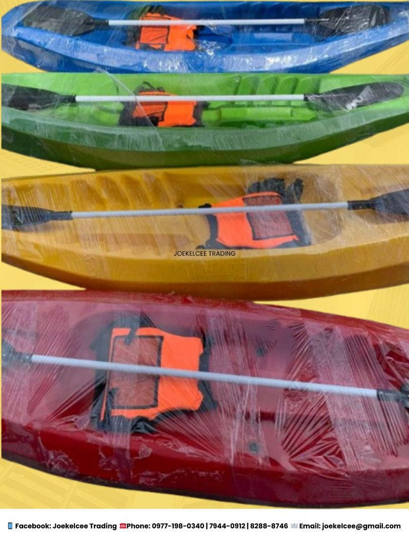 1 SEATER KAYAK BOAT (Category: Water Sports) located in Caloocan City. Submitted by royaldog_33b95e (Listing ID 1467387964, Image 1). Description: 1 SEATER KAYAK BOAT (1 PADDLE & 1 VEST) TYPE: Sit-On Single Seat (Max. Speed = 2 knots) APPLICATION: Rivers, Lakes, Light Ocean Swells MATERIALS: 100% Virgin Linear Density Polyethylene with UV Stabilizers DIMENSIONS: L x W (9’ x 28”) WEIGHT: 51 lbs. CAPACITY: 250 – 270 lbs. (Depending On Water Conditi