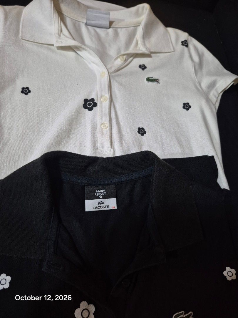 2 pcs LACOSTE Mary Quant japan (Category: Dresses) located in Cavite. Submitted by jannahjasmin (Listing ID 1467379045, Image 3). Description: - Black Lacoste polo shirt - White floral pattern - Classic collar - Short sleeves - Button-down front - Lacoste logo - Regular fit - Perfect for casual wear.