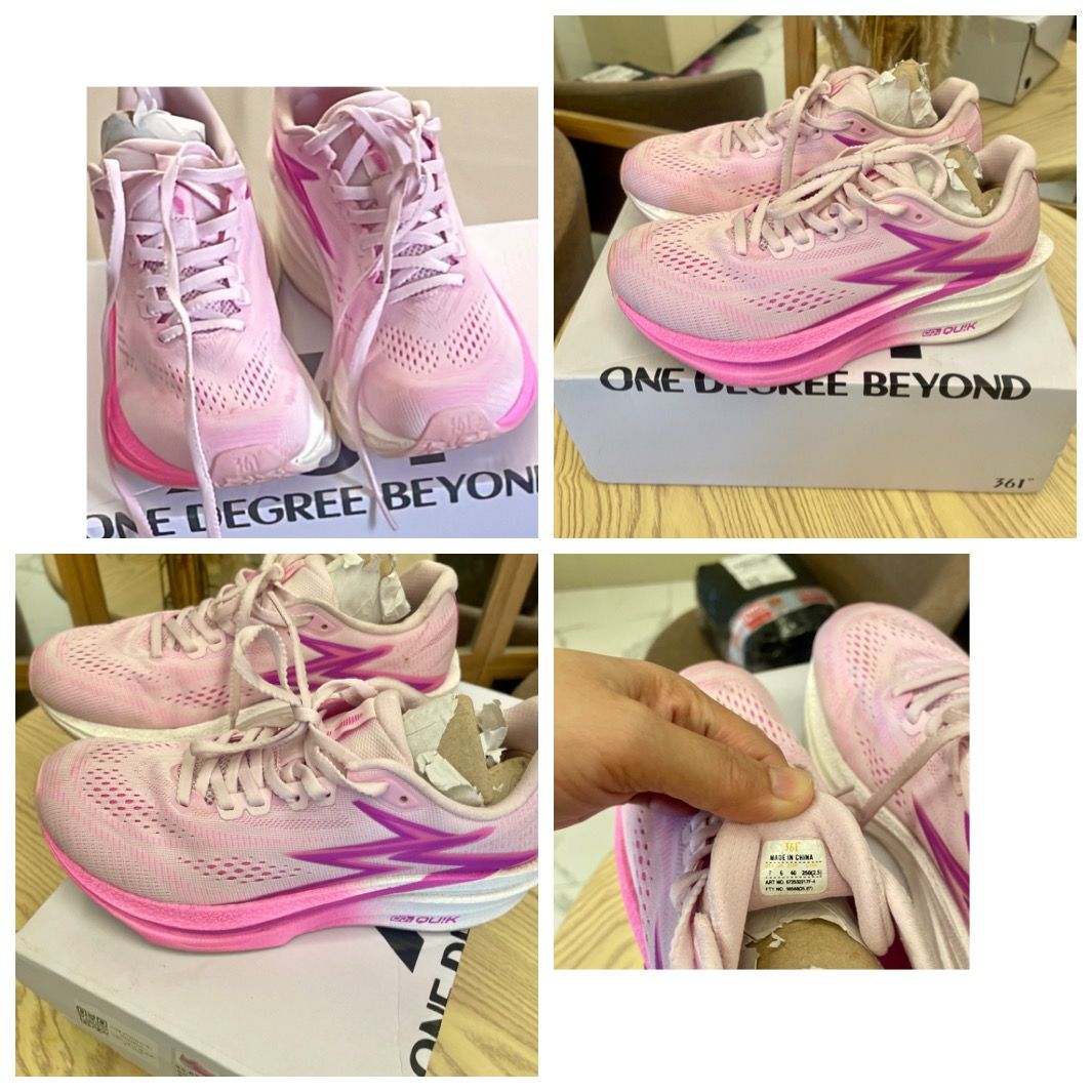 361 Degrees Pink Running Shoes Size US 7 (Category: Sneakers) located in Cainta. Submitted by qtychel (Listing ID 1467592509, Image 1). Description: - Brand: 361 Degrees - Color: Pink with purple and bright pink accents - Size: US 7 / EUR 40 - Upper: Breathable mesh for ventilation - Sole: Thick cushioned sole with Quikfoam technology - Inclusion: Original box included.