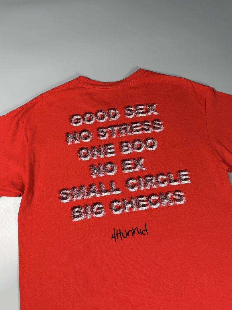 4Hunnid “Good S*X” Tee Red (Category: Tshirts & Polo Shirts ) located in Manila. Submitted by whowearsstreetwear (Listing ID 1467556899, Image 3). Description: 4Hunnid “Good S*X” Tee Red (Authentic) - Size: Large (measurements in inches) W - 21.5 L - 29 Condition: Excellent - As New Flaw/s: none + shipping fee Location: Manila (Near UST).