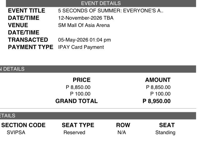 5SOS EAS SVIP Standing A (Category: Events Tickets) located in Marikina City. Submitted by zefanyasmoonchild (Listing ID 1467396380, Image 3). Description: ⭐️ Claimed, Secured during artist presale 🤝 Price is still negotiable for a sure buyer! 📌 RFS: Conflict of schedule ⏰ Timestamp: 1:04 PM 📍 Meetups: • Ayala Feliz • SM Marikina • UPTC • Gateway Mall Comment if interested. Serious buyers only, please! 🫶.