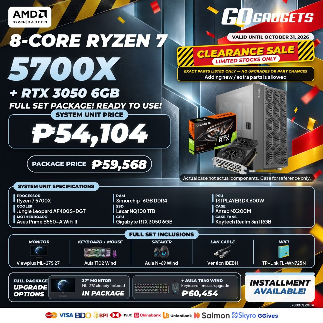 8 CORE RYZEN 7 5700X (Category: Desktops) located in Caloocan City. Submitted by joseph_elmido (Listing ID 1467474249, Image 1). Description: - Complete Gaming & Productivity Setup (Plug and Play!) - Processor: AMD Ryzen 7 5700X - Graphics: Gigabyte RTX 3050 6GB - Motherboard: Asus Prime B550-A WiFi II - Memory: 16GB DDR4 RAM - Storage: 1TB Lexar NQ100 SSD - PSU: 1STPLAYER DK 600W - Case: Antec NX200M with Keytech Realm 3-in-1 RGB fans - Monitor: