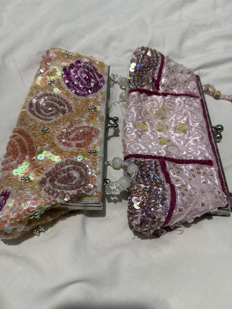 ( BEADED BUNDLE) Vintage Y2k Beaded Sequin Evening Clutch Bag Set (Category: Clutches) located in Manila. Submitted by deanise_jil (Listing ID 1467493484, Image 1). Description: BEADED BUNDLE (SOLD AS SET) Iridescent Pink Yellow and Pink Magical Beaded Kisslock Fairy Vintage Y2K Clutch Yellow - Like New Pink - Has issues, rusty metal framework, missing beads and loose threading, need to be reworked RFS - Need Money Tags : Beaded Bags / Beaded Kis