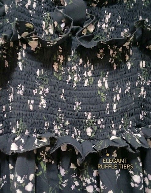 ♟️ Black Floral Dress (Category: Dresses) located in Quezon City. Submitted by goldi_luxe (Listing ID 1467436464, Image 2). Description: Black midi with small pink blossoms, a smocked bodice, puff sleeves, ruffle trim at the bust and waist, and a tiered skirt..