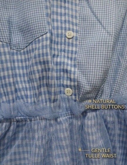 👗 Blue Gingham Dress (Category: Dresses) located in Quezon City. Submitted by goldi_luxe (Listing ID 1467439879, Image 2). Description: Light blue gingham with an asymmetrical off-shoulder neckline, white buttons, a chest pocket, a ruffle sleeve, a tulle ruffle at the waist, and a tulle-overlay skirt..