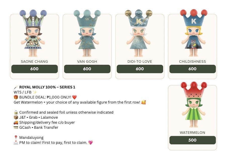 🪄 ROYAL MOLLY 100% – SERIES 1 (Category: Designer & Blind Box Toys) located in Mandaluyong City. Submitted by kewl_ice1981 (Listing ID 1467409956, Image 1). Description: 🪄 ROYAL MOLLY 100% – SERIES 1 WTS / LFB ✨t 🎁 BUNDLE DEAL: ₱1,000 ONLY! ❤️ Get Watermelon + your choice of any available figure from the first row! 🥰 🔒 Confirmed and sealed foil unless otherwise indicated 📦 J&T • Grab • Lalamove 🚚 Shipping/delivery fee c/o buyer 💳 GCash • 