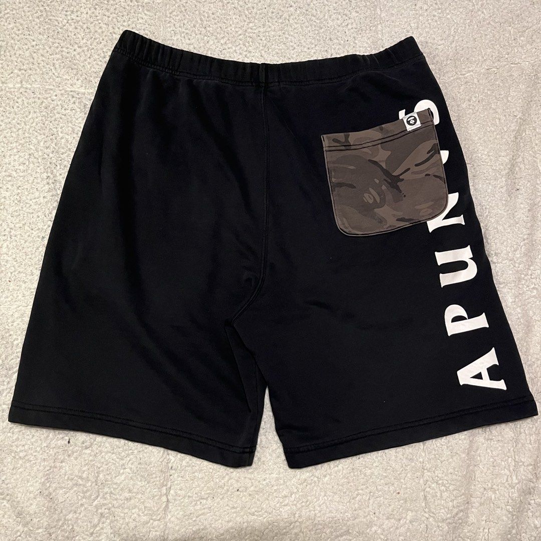 AAPE black log shorts (Category: Shorts) located in Coron. Submitted by tr1p2thr1ft (Listing ID 1467526195, Image 2). Description: Issue indicated on the pics 9.2/10 cr Authentic 20 length 12 hem .