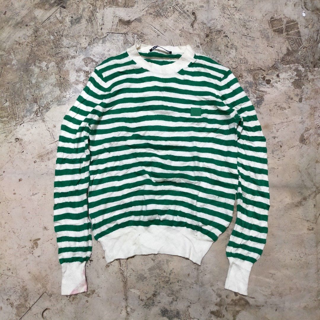 Acne Studios Green and White Striped Wool Sweater (Category: Longsleeves) located in Zamboanga. Submitted by _oliverbmth (Listing ID 1467528536, Image 1). Description: - Brand: Acne Studios - Item: Striped wool sweater with signature face patch - Color: Green and white - Size: M - Material: 100% wool - Details: Crew neck, ribbed cuffs and hem - Condition: Warm, cozy, and well-maintained - Origin: Made in China - Dimes 17x25 .