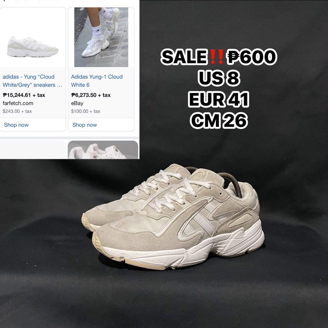 Adidas Yung-1 Cloud White Grey Size US 8 (Category: Sneakers) located in Bulacan. Submitted by ogieeee (Listing ID 1467446912, Image 1). Description: - Brand: Adidas - Model: Yung-1 - Colorway: White and Grey - Size: US 8 / EUR 41 / CM 26 - Style: Chunky retro dad shoe with mesh base and suede overlays - Sole: Torsion system for comfort and support - Condition: Pre-owned with minor signs of wear on soles and uppers - Perfect daily beaters for you