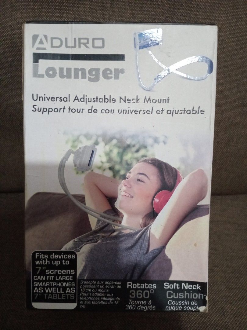 Aduro Lounger Universal Adjustable Neck Mount (Category: Other Stationery & Craft) located in Marikina City. Submitted by joyful.finds (Listing ID 1467392766, Image 1). Description: - Universal fit: Works with phones and small tablets up to 7 inches - Dual purpose: Wear comfortably around the neck or use as a desktop stand - 360-degree rotation: Easily adjust for the best viewing angle - All-day comfort: Built with a soft neck cushion for pressur