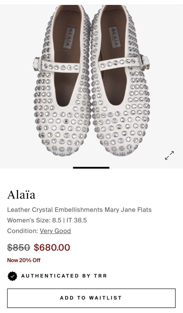 Alaia Crystal-Embellished Ballet Flats (Category: Sneakers & Footwear) located in Manila. Submitted by victory_1816 (Listing ID 1467590745, Image 2). Description: Elegant ALAIA ballet flats in white, featuring beautiful all over crystal embellishments and a feminine Mary Jane strap with buckle closure. A statement pair that adds a touch of luxury and sophistication to any outfit. • Size: 39 • Condition: Preloved, with normal signs of use • Detail