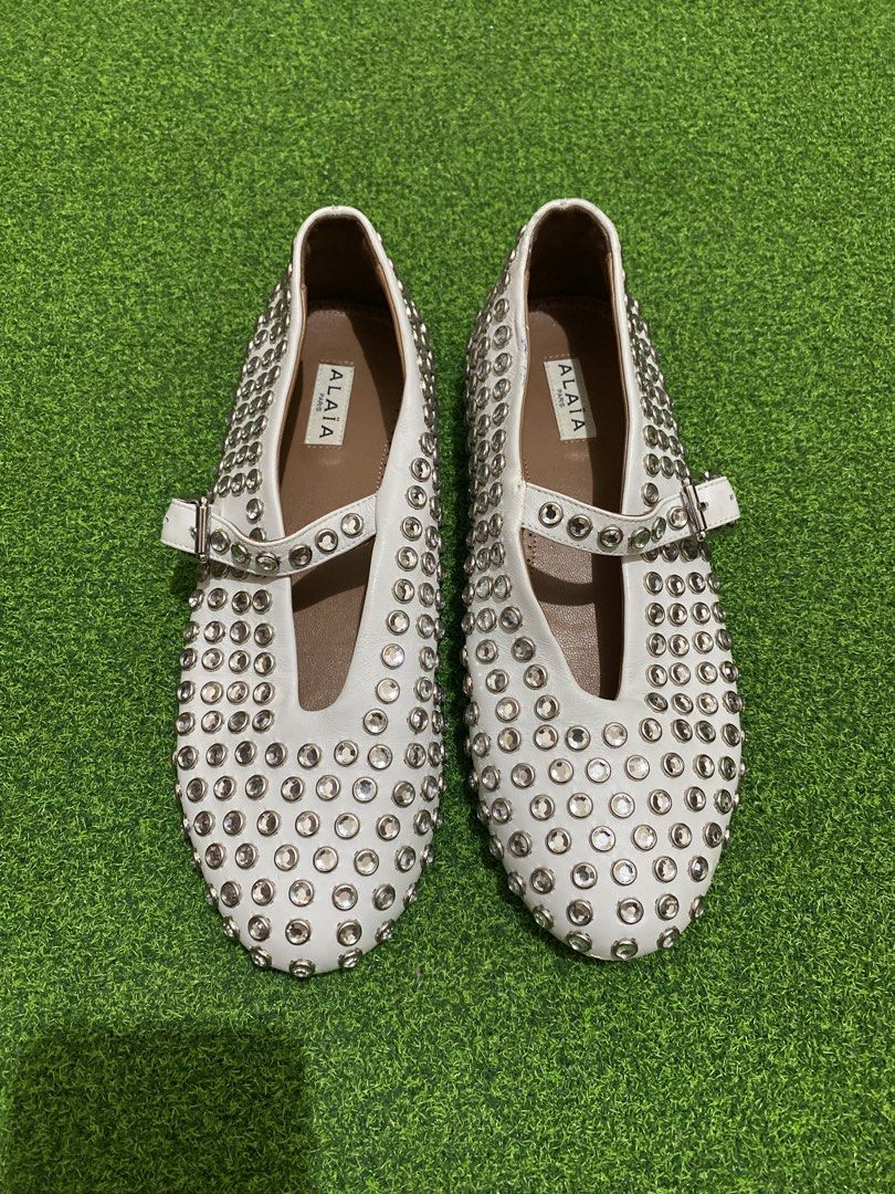 Alaia Crystal-Embellished Ballet Flats (Category: Sneakers & Footwear) located in Manila. Submitted by victory_1816 (Listing ID 1467590745, Image 3). Description: Elegant ALAIA ballet flats in white, featuring beautiful all over crystal embellishments and a feminine Mary Jane strap with buckle closure. A statement pair that adds a touch of luxury and sophistication to any outfit. • Size: 39 • Condition: Preloved, with normal signs of use • Detail