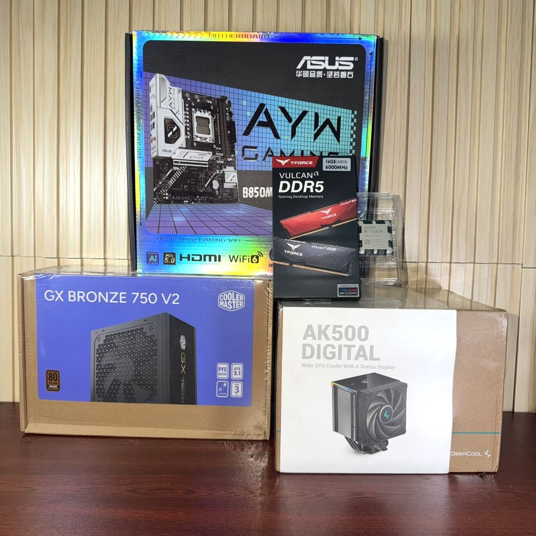 AM5 BUNDLE (Category: Computer Parts) located in Manila. Submitted by princety15 (Listing ID 1467476415, Image 1). Description: AM5 UPGRADE BUNDLE STARTING AT ₱33,990! Upgrade to AM5 with our Ryzen 5 7500F bundle, featuring the DeepCool AK500 Digital CPU cooler. Bundle Includes: - AMD Ryzen 5 7500F Tray - ASUS B850M AYW Gaming WiFi - T-Force Vulcan 16GB (2×8GB) DDR5 6000MHz CL38 - DeepCool AK500 Digital Bundle Price: ₱33,990 Regular Price: ₱35,40