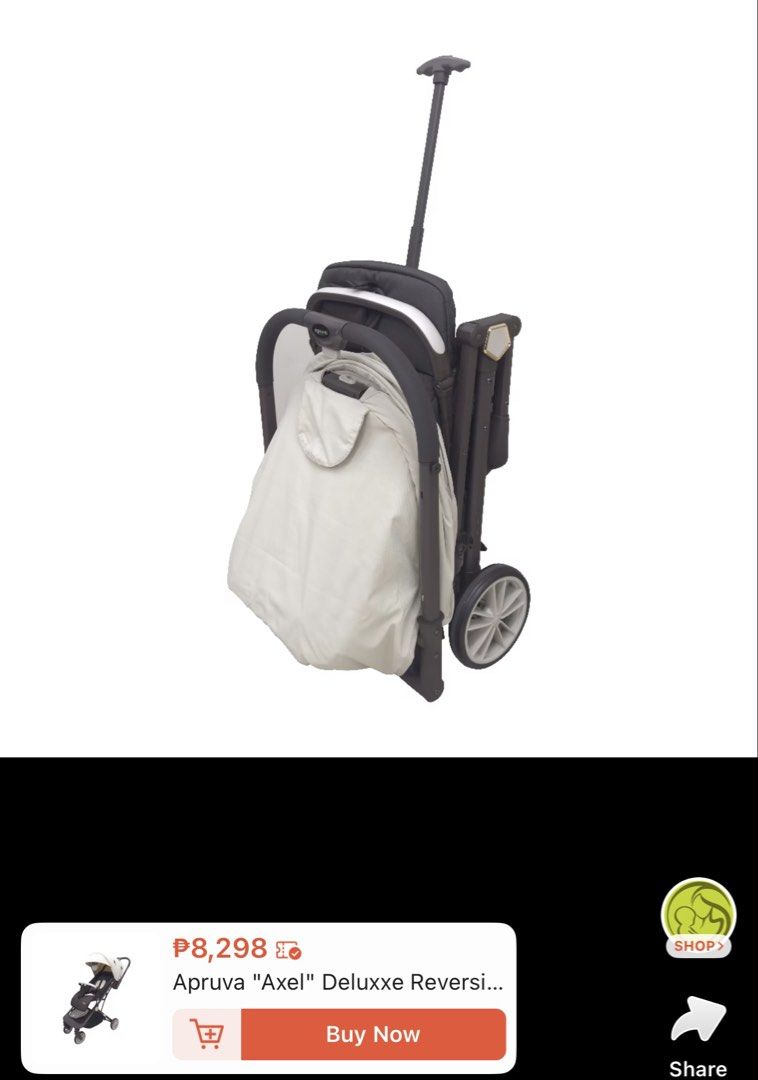 Apruva Axel Deluxxe Reversible Stroller (Category: Strollers) located in Baybay. Submitted by julahrome27 (Listing ID 1467594822, Image 2). Description: - Brand/Model: Apruva Axel Deluxxe Reversible Stroller - Color: Beige and dark brown - Condition: Clean and gently used - Reversible handle: Baby can face you or the world - Compact folding design with a convenient top pull handle for easy rolling - Large storage basket underneath - Full coverage