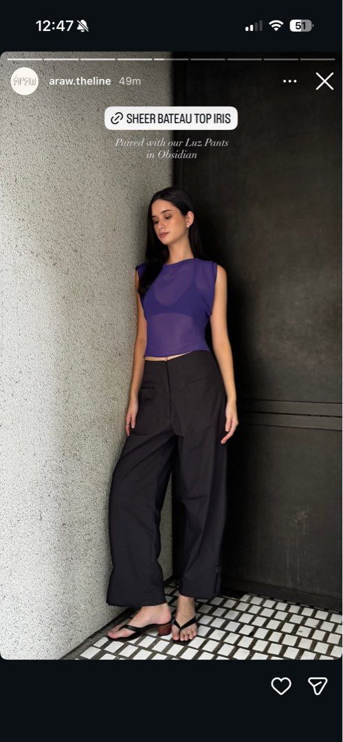 Araw luz pants in obsidian XS (Category: Other Bottoms) located in San Juan City. Submitted by rodscleans (Listing ID 1329838057, Image 2). Description: read first Bought for 5,200 Only used 3x max Made in Italian Cotton Satin Can fit S (26” waist) My fave fave pair i love the Luz pants but i don’t wear them anymore :( ❗️the top clasp got loose so i had it replaced (last pic), same position as the old one and doesn’t affect wear at all❗️ Volumino