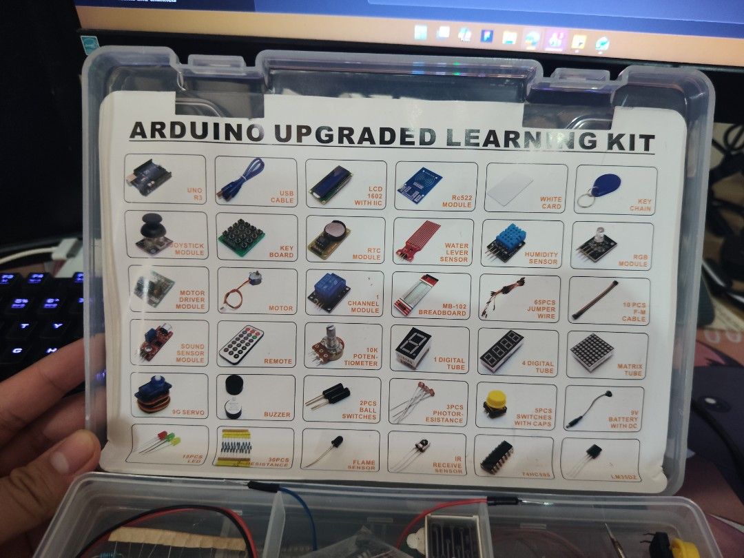 Arduino Upgraded Learning Kit (Category: Educational & Learning Toys) located in Las Pinas. Submitted by rogelio_sama (Listing ID 1467390085, Image 2). Description: Selling my personal used Upgraded Arduino Learning Kit from MakerFaire Bought this way back 2018 but now no longer needed as I've completed my studies. Includes: Arduino Uno R3 Board w/ cables Breadboard Wires Sensors Servo motors DC motor + Driver LEDs + Resistors Asking Price: php 1