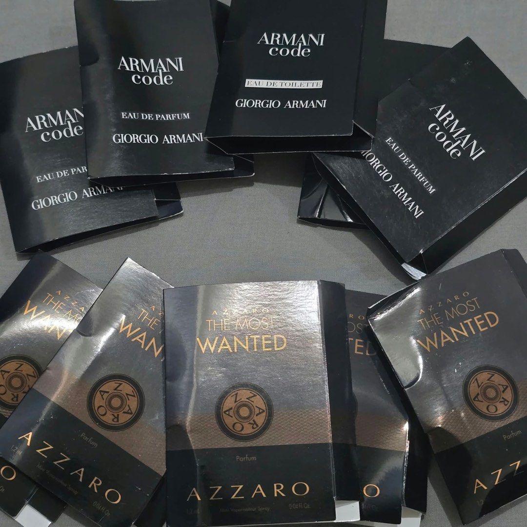 Armani Code and Azzaro The Most Wanted Samples (Category: Fragrance & Deodorants) located in Manila. Submitted by cheesetinefinds (Listing ID 1467537418, Image 1). Description: 100 each 80 each if will get all - Set of 3 designer fragrance sample cards - Includes: Giorgio Armani Code EDP, Armani Code EDT, and Azzaro The Most Wanted Parfum - Volume: 1.2 ml / 0.04 fl oz each - Condition: 100% brand new, unopened, and unused - Ideal for trying out p