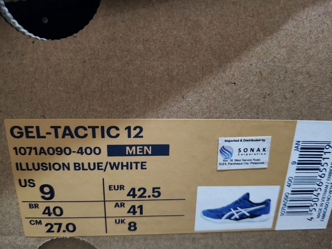 Asics Gel-Tactic 12 Illusion Blue White US 9 (Category: Sneakers) located in Manila. Submitted by htradingco (Listing ID 1467479818, Image 2). Description: - Brand: Asics - Model: Gel-Tactic 12 (1071A090-400) - Colorway: Illusion Blue and White - Size: Men US 9 / EUR 42.5 / UK 8 / CM 27.0 - Condition: Brand new, never worn, fresh in original box - Ideal for: Indoor sports (volleyball, badminton, squash, etc.).