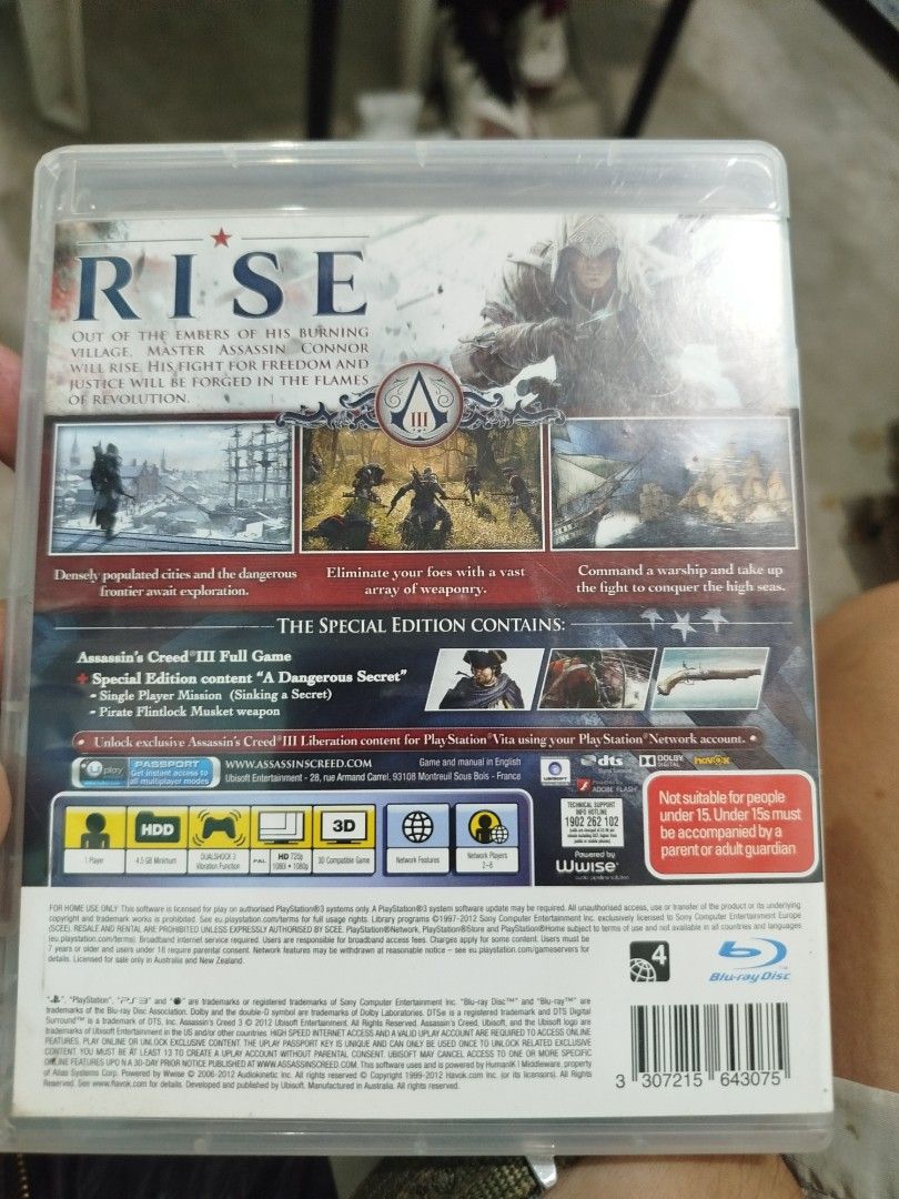 Assassin's Creed III Special Edition PS3 Game (Category: PlayStation) located in Subic. Submitted by regiedaniel01 (Listing ID 1467513404, Image 3). Description: - Platform: PlayStation 3 (PS3) - Edition: Special Edition - Includes: Game disc, original case, and manual - Bonus Content: 'A Dangerous Secret' single-player mission and pirate flintlock musket - Rating: MA 15+ (Strong violence, online play features enabled) - Condition: Complete and w