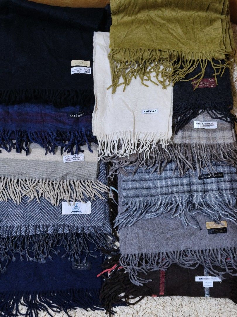 Assorted Cashmere Scarves Various Brands (Category: Scarves) located in Baguio. Submitted by sky_alexander143 (Listing ID 1467519236, Image 2). Description: - Premium winter scarves from top brands: Johnstons of Elgin, Cashmere Excellence, Testa Viera, and Joseph Ereuil - Material: 100% ultra-soft cashmere - Designs: Variety of plaids, solids, and classic herringbone weaves - Features: Stylish fringed ends on most pieces - Condition & Availabilit