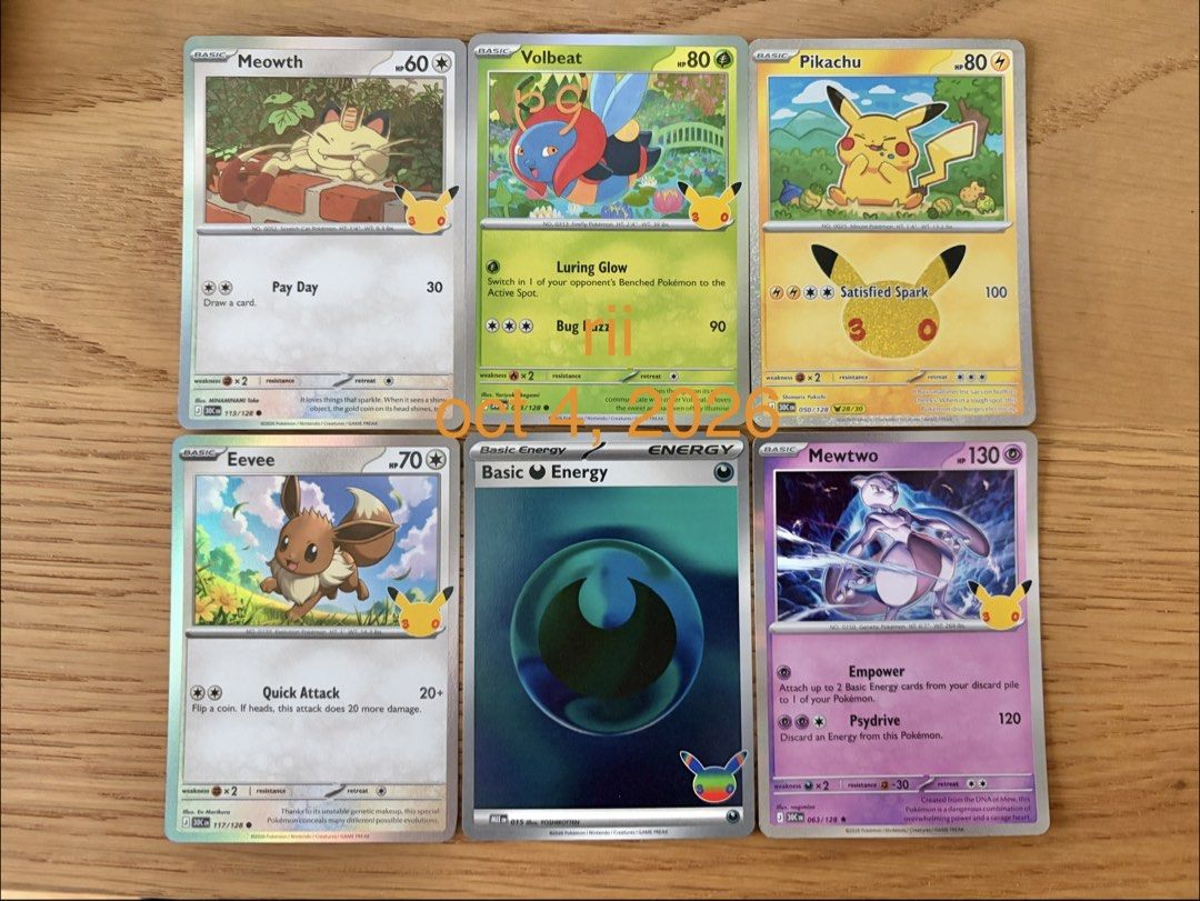 Assorted characters (Category: Raw Singles) located in Pasig City. Submitted by riikawa (Listing ID 1467373086, Image 1). Description: - Bundle of 6 Pokémon TCG cards from the 30th Anniversary collection - Includes Meowth, Volbeat, Pikachu, Eevee, Dark Energy, and Mewtwo RFS: I don’t collect, was part of inclusions in my running kit. - Each card is 200 except Mewtwo & Pikachu.