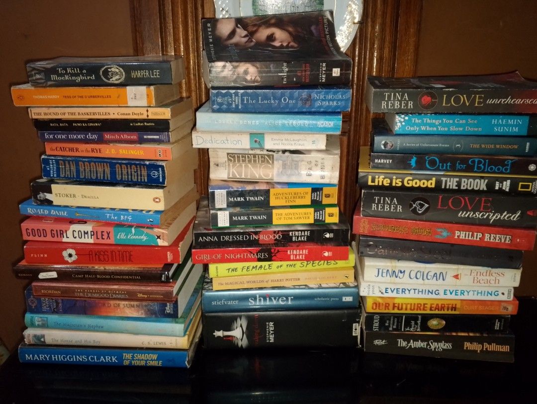 take all books 3500 (Category: Storybooks) located in Rizal. Submitted by Prelovely_things (Listing ID 1467447238, Image 1). Description: 43 pieces of known books for only 3,500 Mixed of mmpb, tpb, and hb Rick Riordan, C.S. Lewis, Dan Brown, Nicholas Sparks, Mark Twain, Stephen King, Stephanie Meyer, Elle Kennedy, Roald Dahl Genre are mixed of fantasy, romance, mystery, classic 📌 LOC: Cainta, Rizal 🚚 MOD: J&T Express or Lalamove (for sdd) 💵 MO