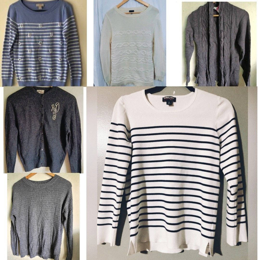 Assorted Knit Sweaters and Cardigans Bundle (Category: Coats, Jackets and Outerwear) located in Quezon City. Submitted by cathyignaciogo09 (Listing ID 1467533070, Image 1). Description: - Collection of sweaters and cardigans in blue, cream, grey, and white - Variety of styles including striped patterns, cable knits, and button medium to large cardigans - Crafted from comfortable textures like knit cotton and soft wool blends - Great for layering 
