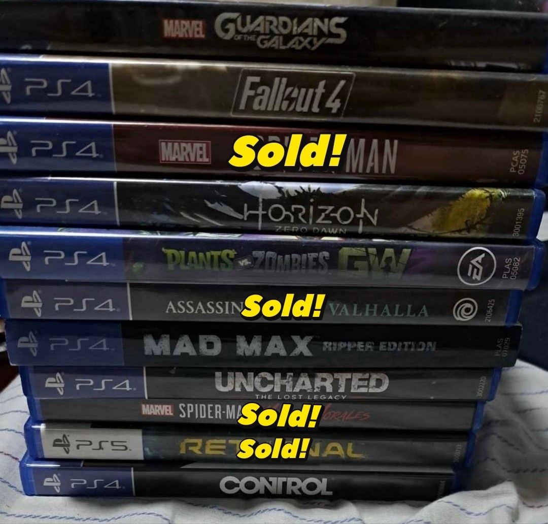 Assorted PS4 and PS5 Video Games (Category: PlayStation) located in Talisay. Submitted by taxicabreros (Listing ID 1467494508, Image 1). Description: RFS: Completed platinum trophy Price list: PS5: Guardians of the Galaxy Php 1000.00 (SOLD) Miles Morales PS4: Mad Max Steel Book Ripper Limited Edition - Php 3000.00 Fallout 4 - Php 800 Horizon Zero Dawn - Php 800 Plants vs Zombies Garden Warfare 2 - Php 600 Uncharted Lost Legacy - Php 600.00 (SOLD)
