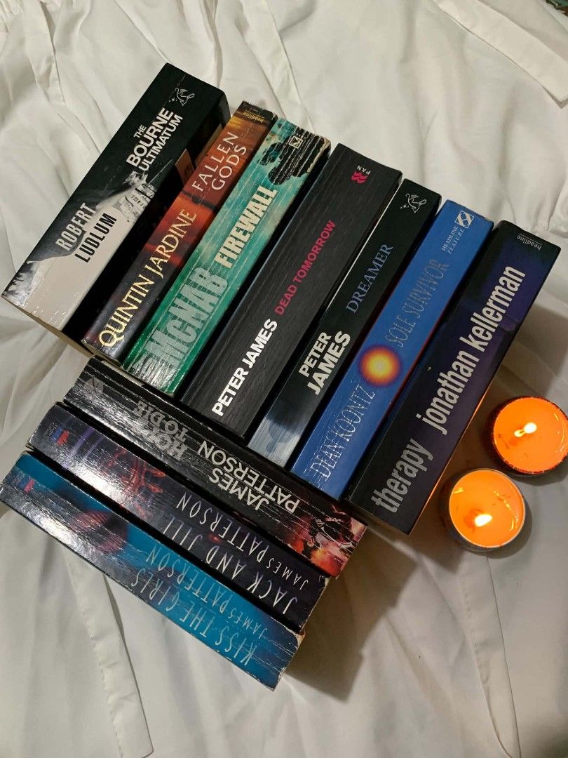 Assorted Thriller and Mystery MMPB Bundle (Category: Storybooks) located in General Trias. Submitted by bookshineph (Listing ID 1467542436, Image 1). Description: - Thriller and mystery paperback book bundle - Selling as a complete set of 10 books only - Authors: James Patterson, Peter James, Robert Ludlum, Dean Koontz, and Andy McNab - Featured Titles: Kiss the Girls, Jack and Jill, Hope to Die, Dead Tomorrow, Dreamer, Firewall, Fallen Gods, The