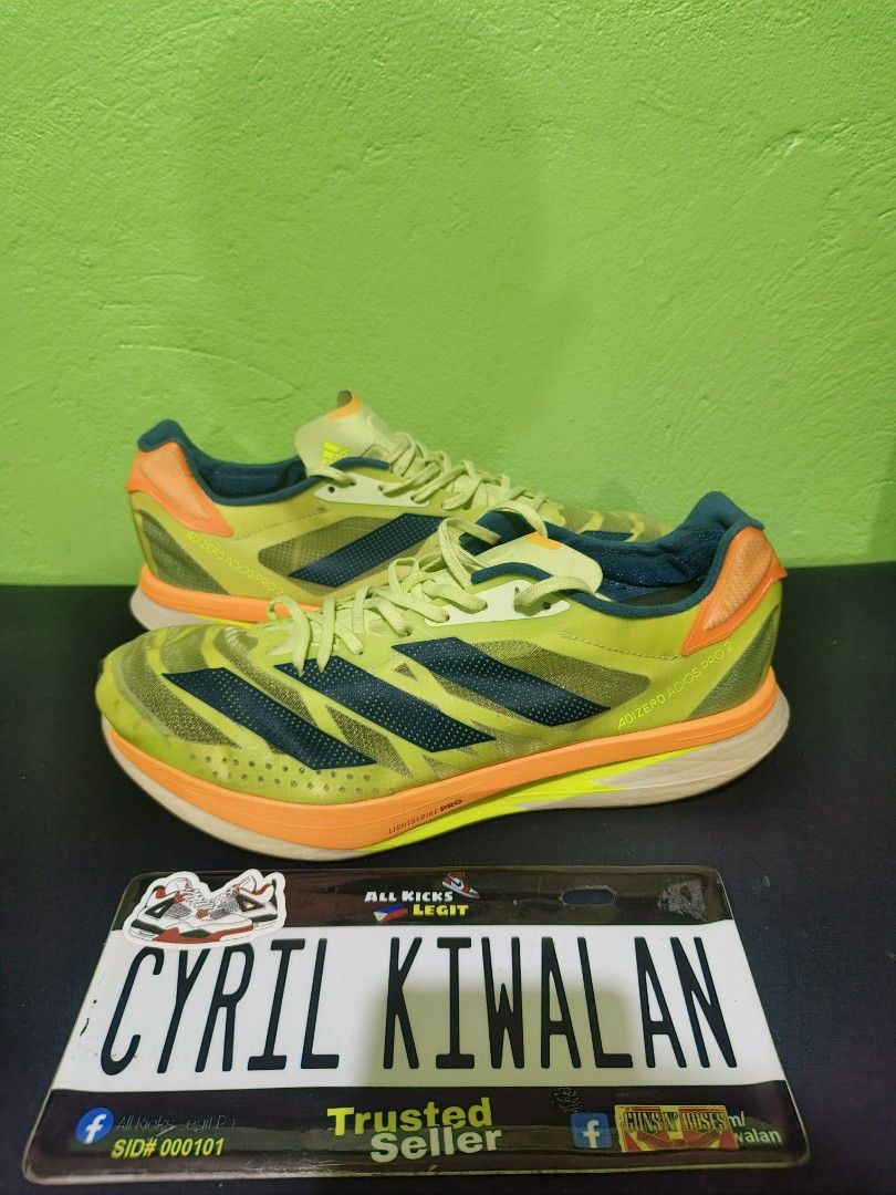 Authentic Adidas Adizero Adios Pro 2 Pulse Lime (Category: Sneakers) located in Baguio. Submitted by ckiwalan (Listing ID 1467497938, Image 2). Description: For sale Authentic Like new condition Minimal signs of use only No major issue Thick outsole Carbon plated Lightweigh Soft and comfy Baguio city can ship nationwide.
