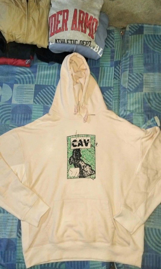 Authentic Cav Empt "CAV" Graphic Print (Category: Coats, Jackets and Outerwear) located in Manila. Submitted by ken_thrift_26 (Listing ID 1467498399, Image 1). Description: Authentic Cav Empt "CAV" Graphic Print Heavyweight Hoodie (Cream) Length: 28 Width: 24 Color condition: 10/10 no issue Price: 1k.