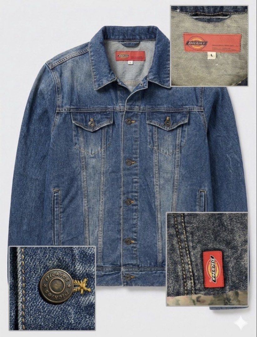 Authentic Dickies Men's Blue Denim Trucker Jacket (Category: Coats, Jackets and Outerwear) located in Manila. Submitted by jeymzeruuu (Listing ID 1467418263, Image 1). Description: - Brand - Authentic Dickies branding featured on the interior neck label, external side tab, and metal buttons. - Design - Classic trucker-style jacket with a medium-blue wash, button-front closure, and dual chest pockets. - Size - Tagged as size Large (L). - Condition