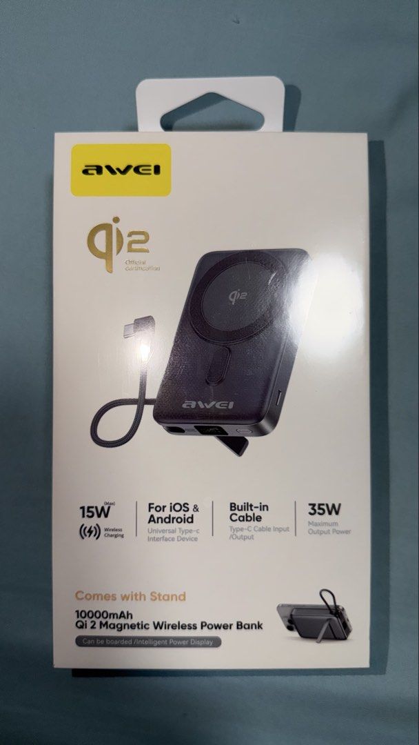 Awei WS-T188LPB 10,000 mAh Qi2 Wireless Charging (CCC Certification) (Category: Batteries & Power Banks) located in Manila. Submitted by shobskaryll2004 (Listing ID 1467521025, Image 1). Description: - brand new, sealed - 10,000 mAh - 35W MaxFast Charging - 15W Wireless Charging - CCC safety (can bring to China) - Qi2 wireless certification - with LED digital display - with stand design - w/ cable lanyard - wireless + wired charging.