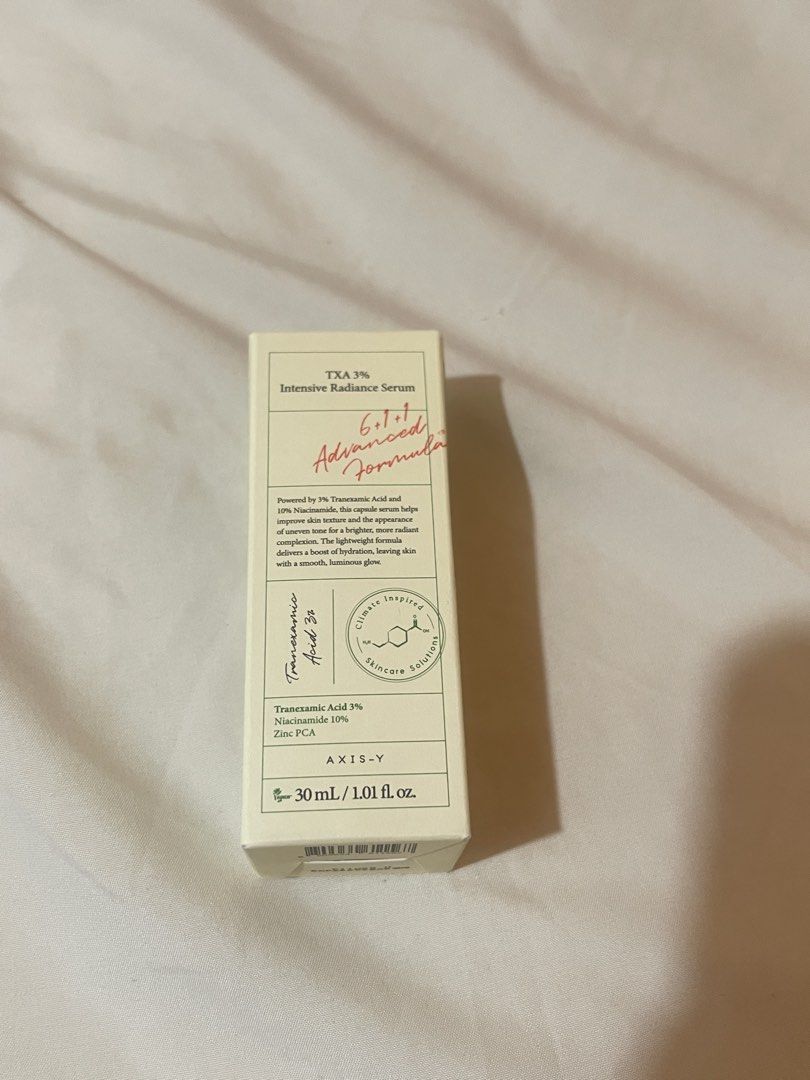 AXIS-Y TXA 3 Intensive Radiance Serum (Category: Face Care) located in Bacoor. Submitted by cailleshope (Listing ID 1467421310, Image 2). Description: AXIS-Y TXA 3 Intensive Radiance Serum Brand new and unused! • Helps brighten dull-looking skin • Helps improve the appearance of uneven skin tone • Helps reduce the appearance of dark spots and post-acne marks • Lightweight and suitable for daily skincare • Helps achieve a smoother, more radiant-lo