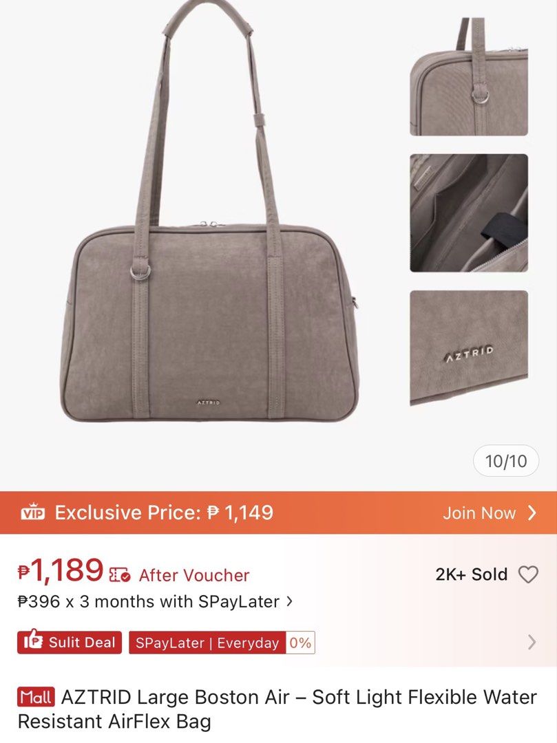 AZTRID Large Boston Air AirFlex Bag (Category: Shoulder Bags) located in Manila. Submitted by jazzisells (Listing ID 1467465878, Image 1). Description: - AZTRID large boston airflex boston bag in taupe - soft, light, flexible, and water-resistant - perfect for school and office bag - rfs: decluttering .