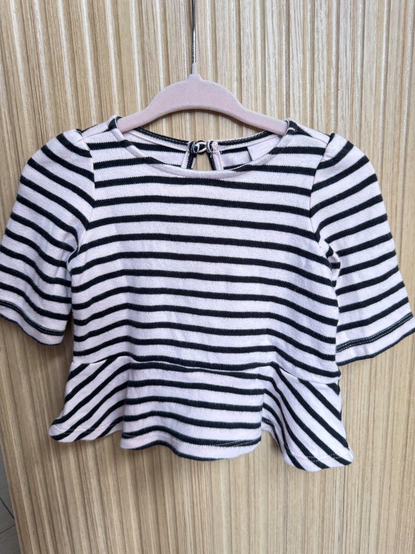 Baby Longsleeves Top 3-6M (Category: Sleeveless) located in Antipolo. Submitted by shop__dnce (Listing ID 1467408599, Image 1). Description: - Brand: Janie and Jack (Gym-Mark) - Size: 3-6 months - Color/Design: Light pink with black and white stripes - Features: Short sleeves, flared peplum hem, back button closure - Condition: Excellent, clean fabric tag.
