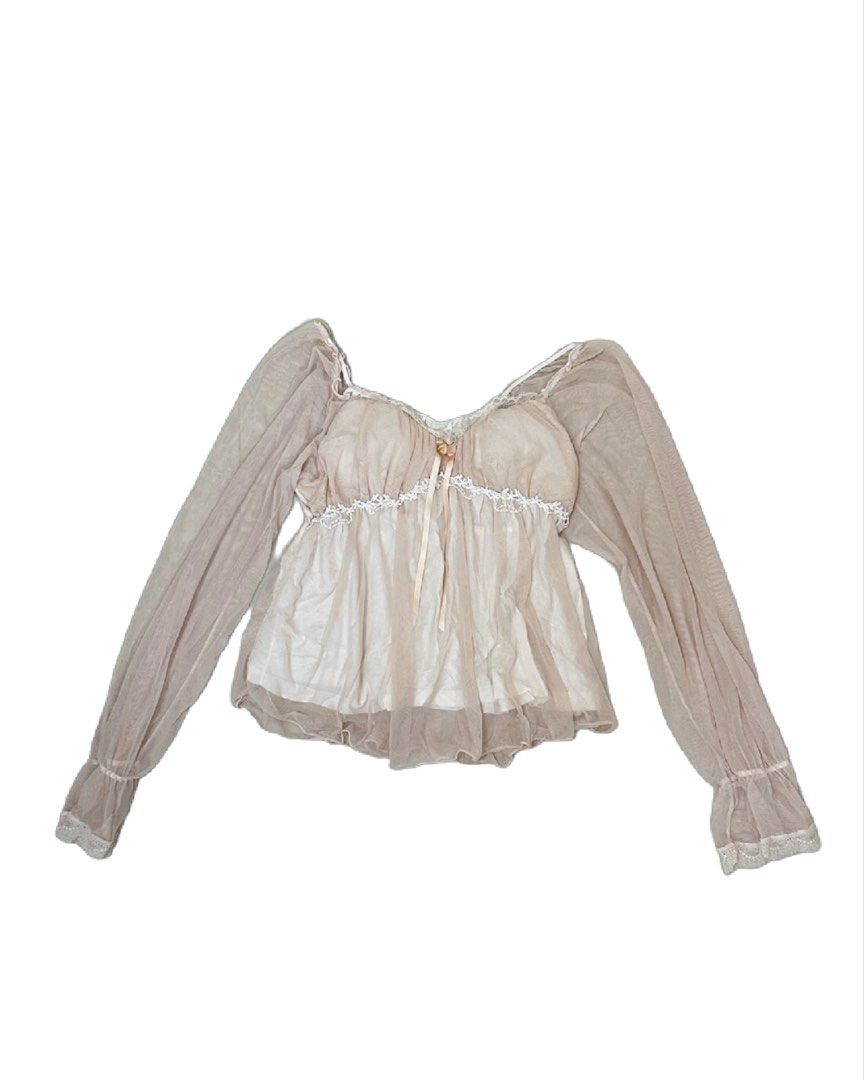 babydoll mesh padded top (Category: Blouses) located in Manila. Submitted by nikkishops (Listing ID 1467507658, Image 1). Description: ࣪˖⋆𓍢ִ໋soft orange-y pink mesh, lightweight and presko fabric layers ࣪˖⋆𓍢ִ໋ white floral lace trim with a satin bow at the bust ࣪˖⋆𓍢ִ໋ long sheer sleeves with charming ruffled cuffs ࣪˖⋆𓍢ִ໋gathered empire waist style for a flattering silhouette ‼ minor flaw: small rip sa may shoulder side (see 3rd pic), barely n