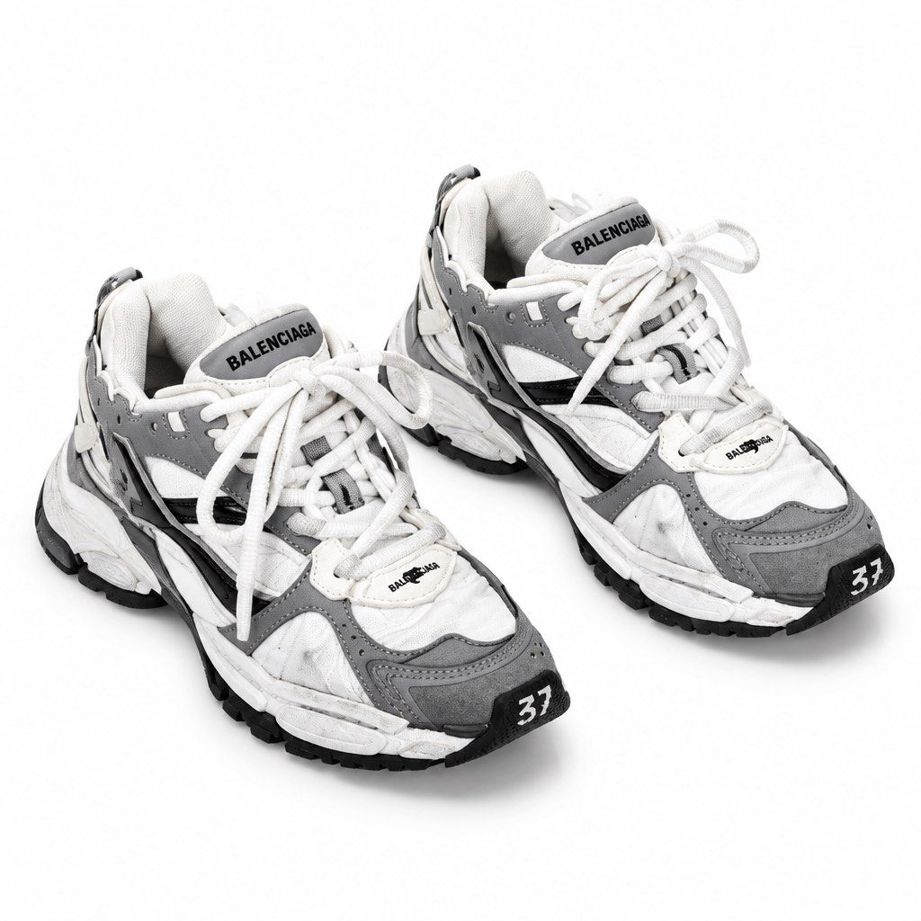 Balenciaga Runner White Grey Size 37 (Category: Sneakers) located in Quezon City. Submitted by tinskizarsari (Listing ID 1467602583, Image 1). Description: - Brand: Balenciaga - Model: Runner Sneakers - Colorway: White, Grey, and Black - Size: EU 37 (printed on the toe) - Design: Chunky distressed sole with intentional scuffs and ageing throughout - Material: Mesh and leather upper panels - Details: Classic lace-up front with Balenciaga branding 